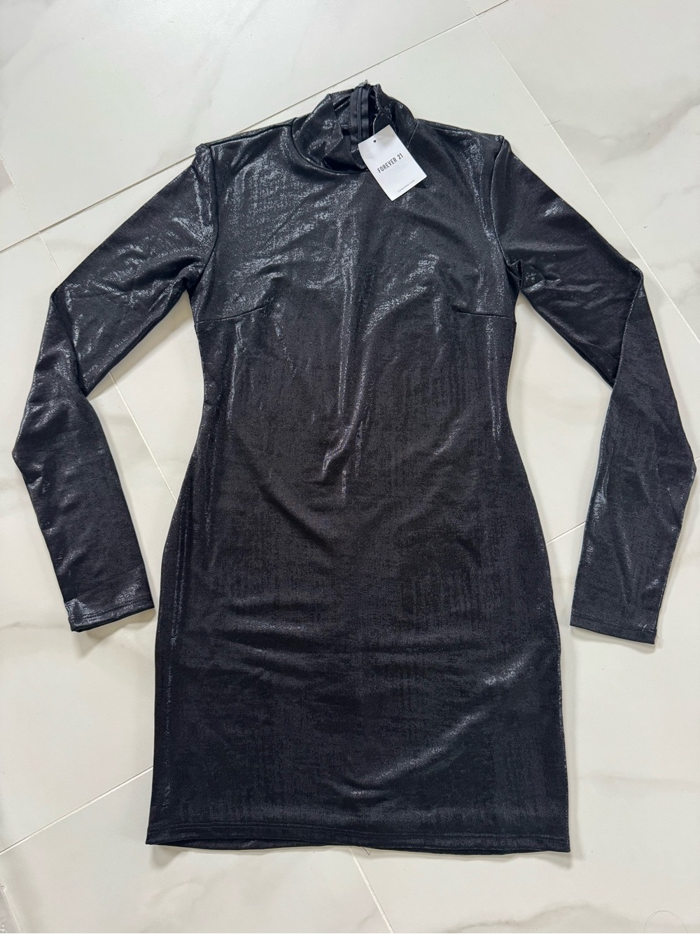 Forever 21 Shimmery Black Long-Sleeve Mock Neck Dress